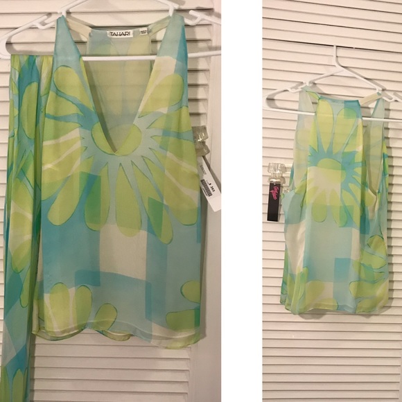 Tahari Tops - NWT Tahari silk blue/green lined tank (s)
